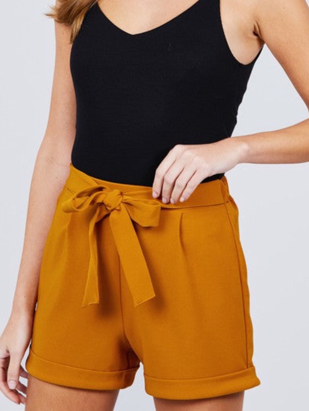 High-Rise Tie-Waist Mustard Shorts